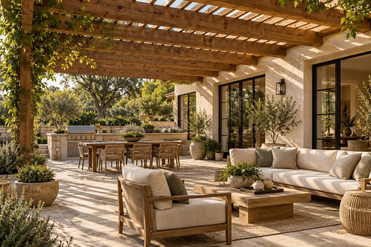 Illustration of a cedar pergola shading a garden patio with outdoor seating